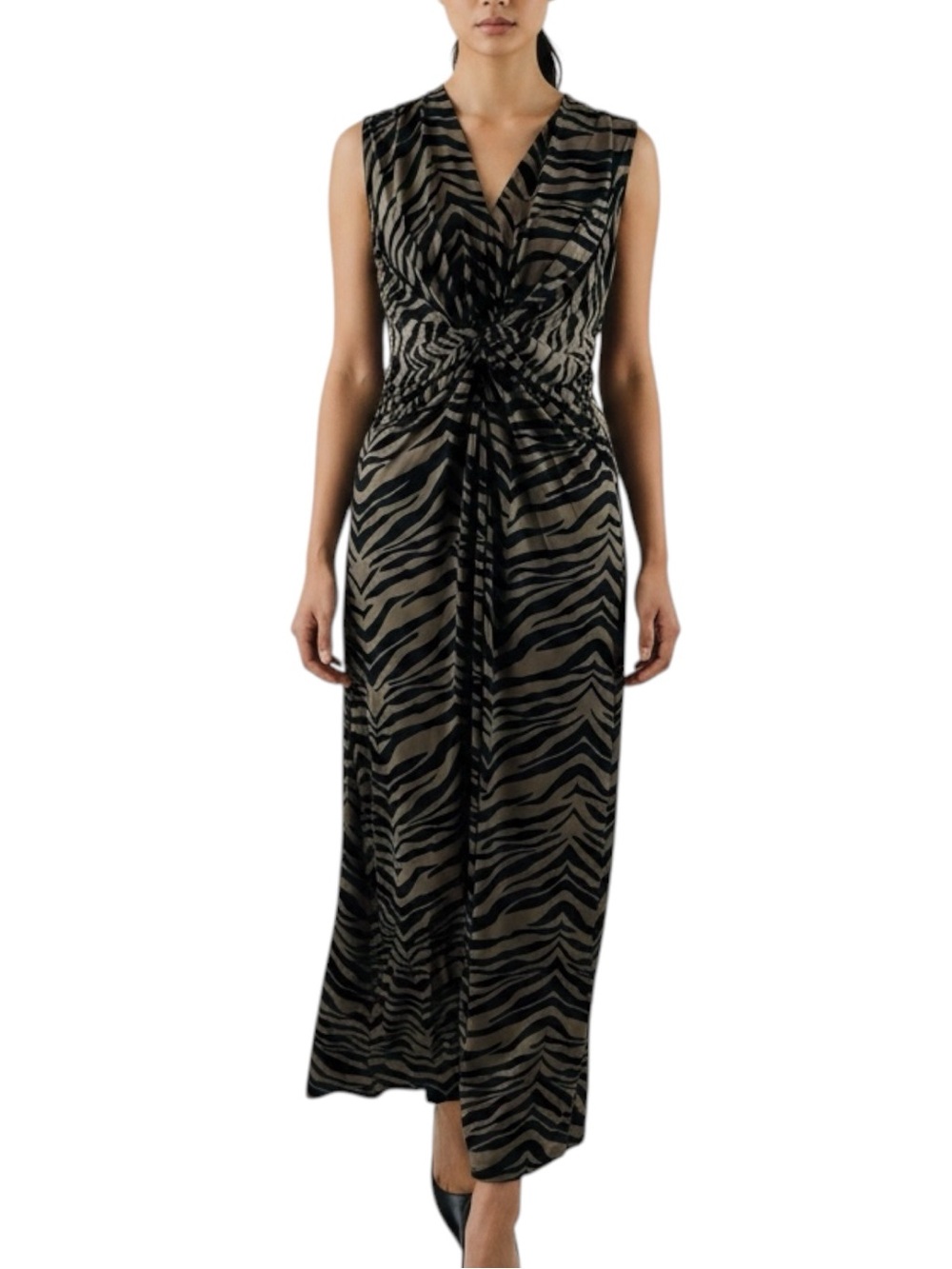 IMAN Sleeveless Black Brown Zebra Twist-Front Maxi Dress NWT Size M